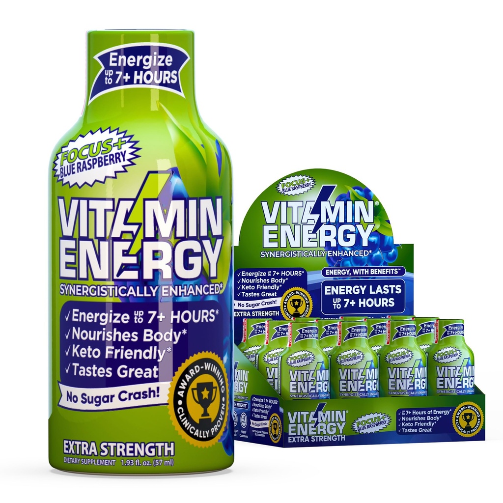 Vitamin Energy Focus+ Extra Strength Energy Shot Blue Raspberry 12 Pack, 260mg Natürliche Koffein, B-Vitamine, CoQ10, Aminosäuren, Fokus, Produktivität & Clarity, Zero Sugar, Glutenfrei, 1,93 fl oz