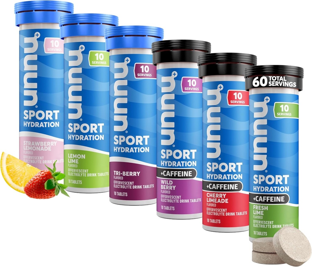 Nuun Sport + Caffeine Electrolyte Tablets – Auflösbar in Wasser, Variety Pack | 5 Essential Electrolytes für Hydration | 1g Sugar Drink Mix | Vegan, Non-GMO | 6 Pack (60 Total Servings)