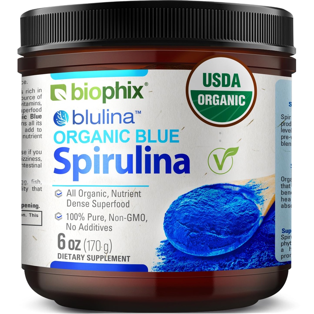 biophix Blue Spiruline Poudre Biologique Blulina 6 oz - Algae Bio Spiruline Poudre 170 portions - Supplément Superfood - Pigment Bleu Naturel - Espirulina en Polvo Organica Pura Azul
