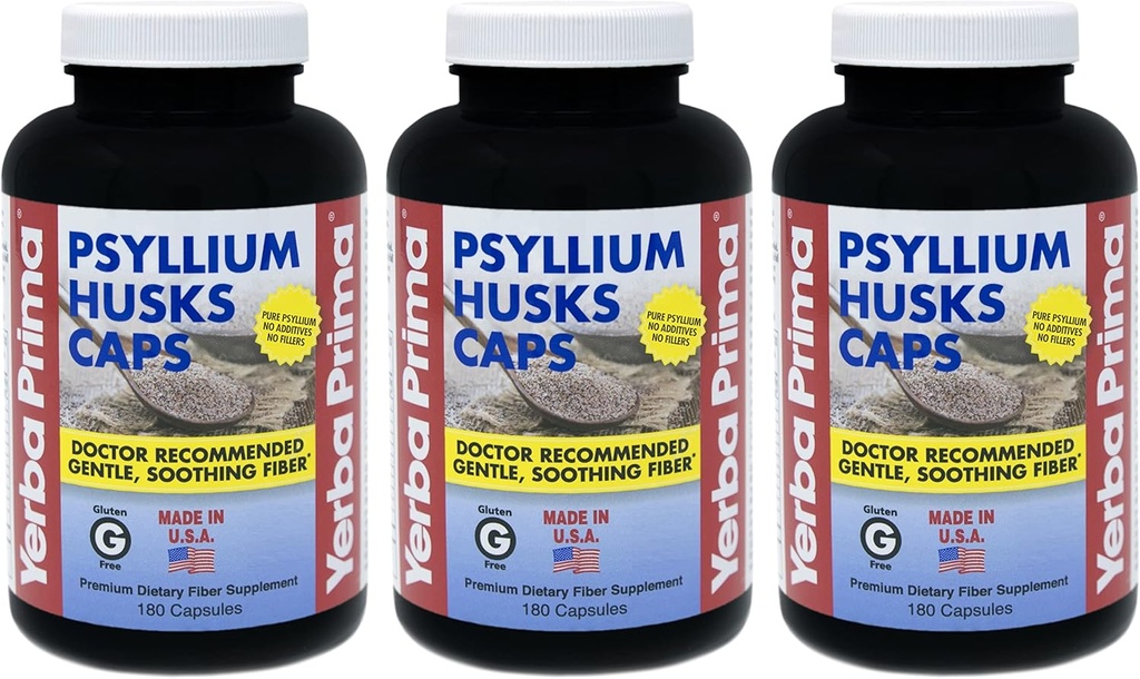 Yerba Prima Psyllium Husks Caps - 180 caps (Pack of 3) - Natural Fiber Supplement - Colon Cleansing - Non-GMO Gluten Free