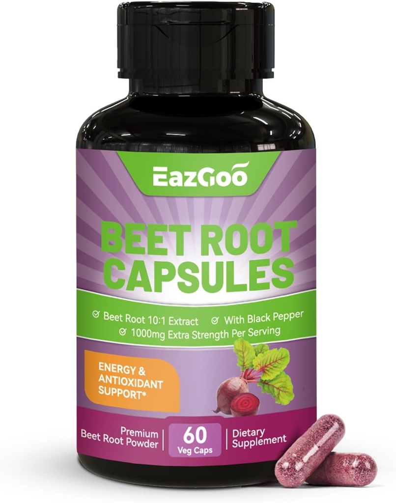 Beet Root Capsules 1000mg pro Servierung, unterstützt Nitric Oxide Produktion & Blutdruck, mit Black Pepper Extract, Non-GMO, Glutenfrei, Vegan - 60 Zähler