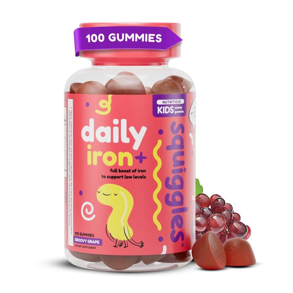 Squiggles Kids Daily Iron+ Gummies - Kaubare Ergänzung mit Eisen, Multivitamin für Kinder, Low Sugar, Vegan, Kleinkind Gummis, Yummy Grape Flavor (100 Count)