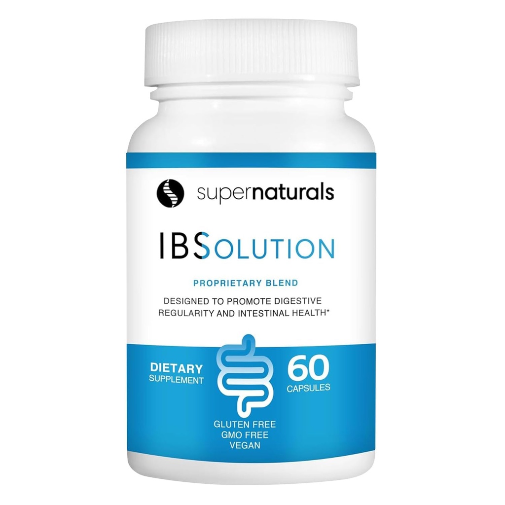 SuperNaturals IBSolution - Made in USA, Non-GMO, Glutenfrei & Vegan (60 Kapseln) - Verdauungsdarm Gesundheit Ergänzung mit Psyllium Husk - Gas, Blähungen, Durchfall, Verstopfung Linderung, Bauchschmerzen