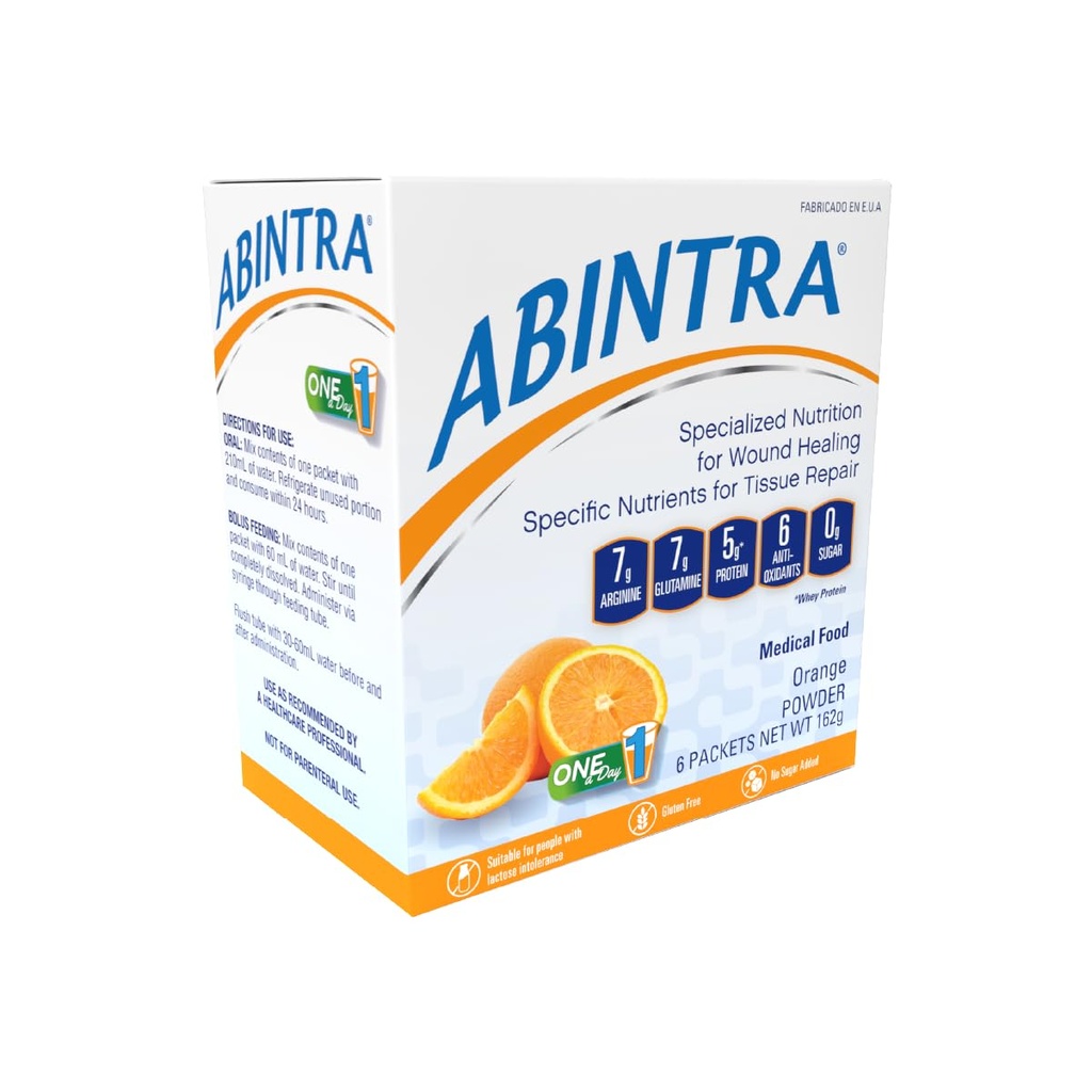 ABINTRA Specialized Nutrition for Wound Healing Includes L-Arginine, Orange Flavor, 6 Packets, 27g Each