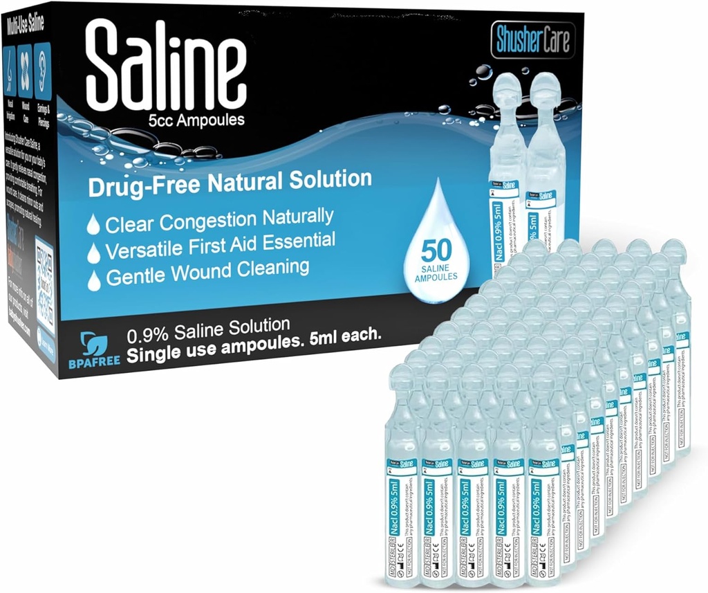Ampoules salines - Solution saline pour nébuliseur, chlorure de sodium 0,9 %, nettoyage nasal pour bébés, enfants et adultes, soins nasaux stériles, nettoyage des plaies - 50 Nombre (5ml chacun)