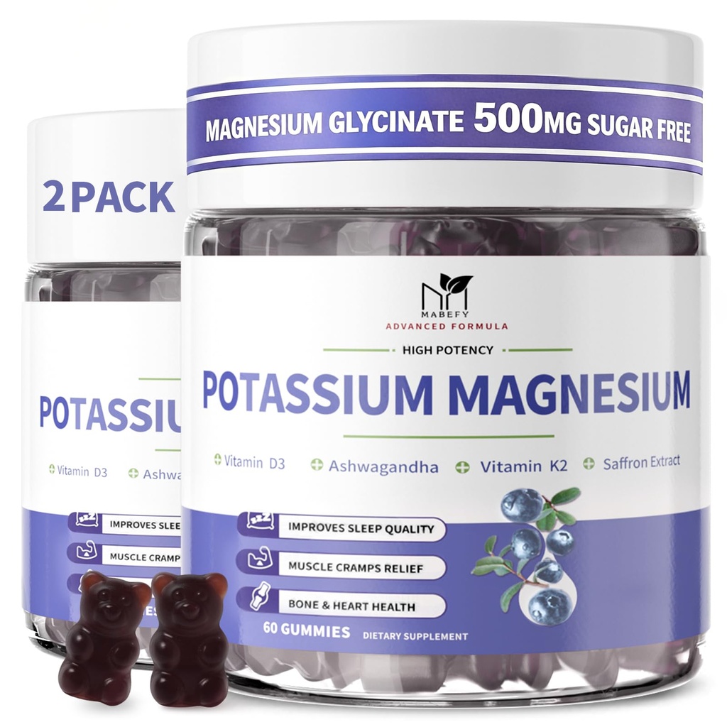 2 Pack Kalium-Magnesium-Gummi-Gummi, Zuckerfreie Kalium-Gummi-Gummi-Gummi-Gummi-Gummi-Gummi-Gummi-Gummi-Gummi-Gummi-Gummi-Gummi-Gummi-Ergänzungen mit Calcium, Zink, Vitamin für Leg Cramps & Muskeln