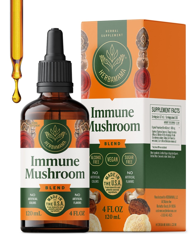 HERBAMA Super Immune Mushroom Supplement - Vegan 8-Mushroom Complex Blend mit Reishi, Lion's Mane, Cordyceps & Chaga Extract - Non-GMO, Alkoholfrei, Sugar-Free Immunity Drops, 56-Day Supply