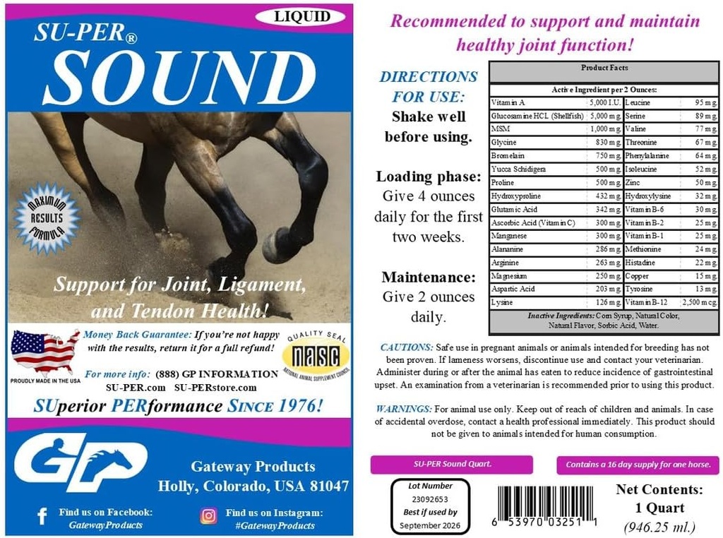 SU-PER Sound Joint Horse Supplement - Unterstützung für Gelenk, Ligament und Tendon Gesundheit - Pferd Vitamine und Mineralien, Glucosamin, MSM, Bromelain, Aminosäuren, Lysin - 1 Quart, (2 Pack)