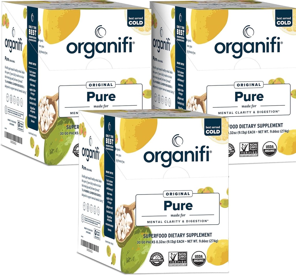 Organifi: Pure Smart Packs - Bio-BHin- und Immununterstützung - Revitalisiert täglich Mental Fokus - Lemon Flavor, 3 Pack