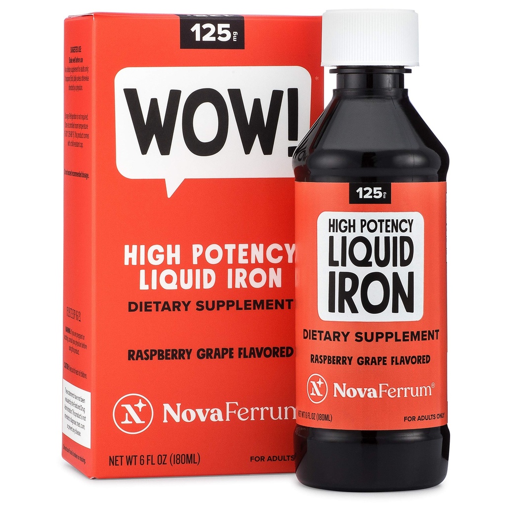 NovaFerrum Wow, 125 High Potency Liquid Iron Supplement für Erwachsene, Eisenmangel, 125mg Eisen Per 5mL Dose, Vegan Verifiziert, Glutenfrei zertifiziert, Zuckerfrei