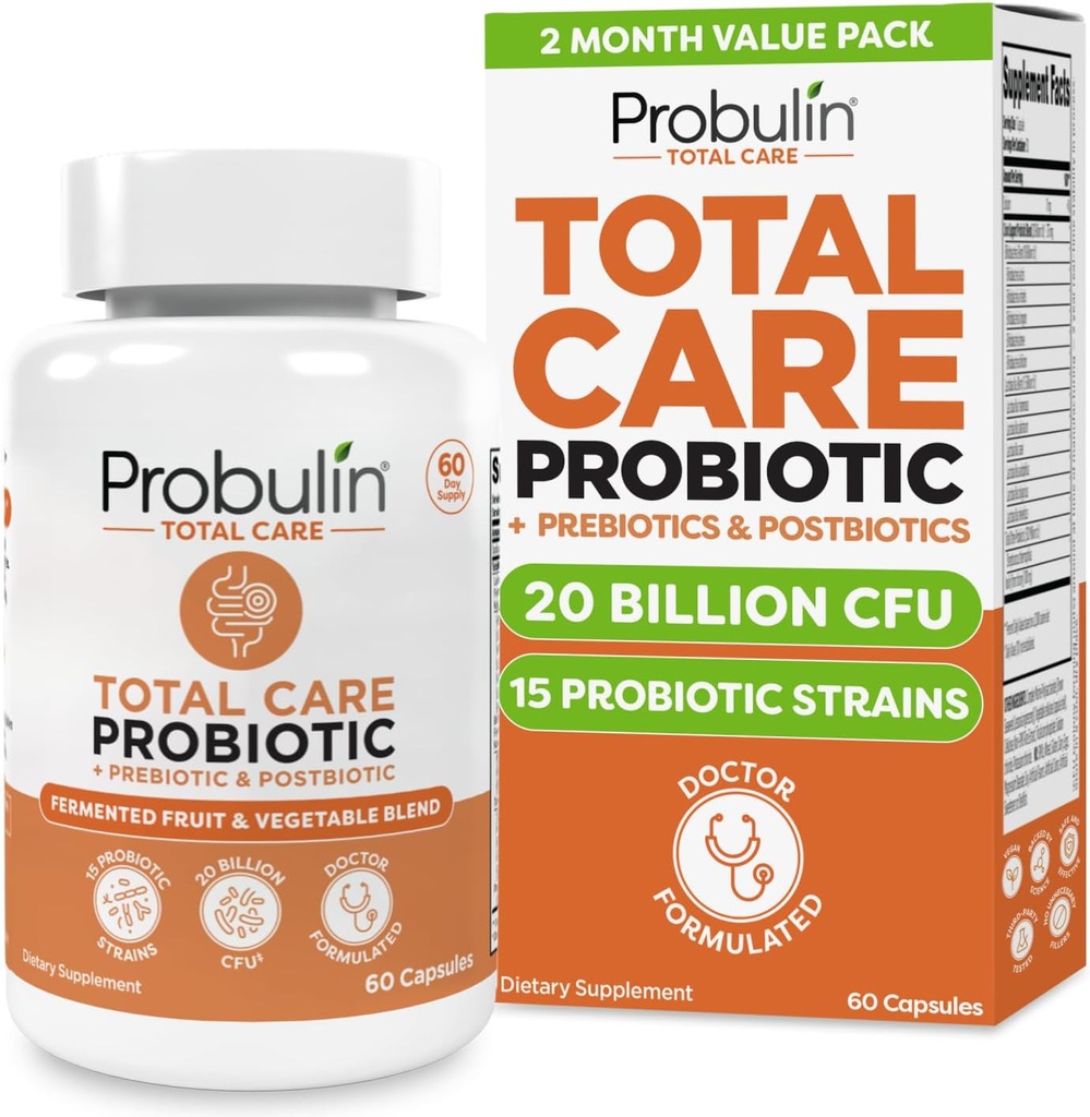 Probulin Total Care Probiotic Supplement, Daily Gut, Digestive und Immune Health Probiotics Kapseln für Männer und Frauen, 20 Billion CFU, Vegan, 60 Count Bottle