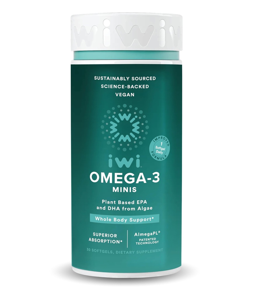 Iwi Omega-3 Mini Softgels (30 portions), Facile à avaler, Algae Omega 3 à base de plantes avec EPA + DHA, complément alimentaire de soutien pour corps entier, Krill et huile de poisson alternative, sans arrière-goût de poisson