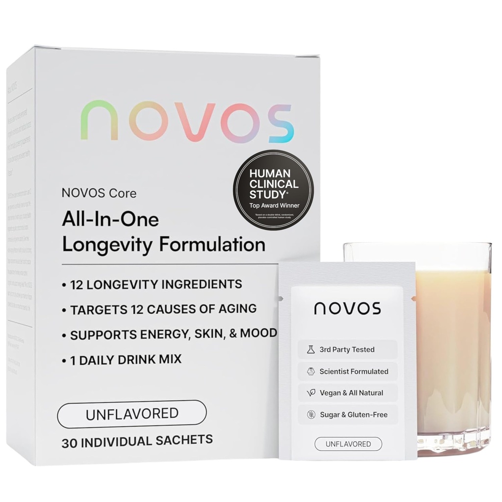 NOVOS Core Longevity Mix, Anti-Aging-Ergänzung, Getränke-Pulver-Packung Unflavored - Hautunterstützung, Energie, Stimmungsunterstützung, Schlaf- und Kognitionsunterstützung - 30 Servietten