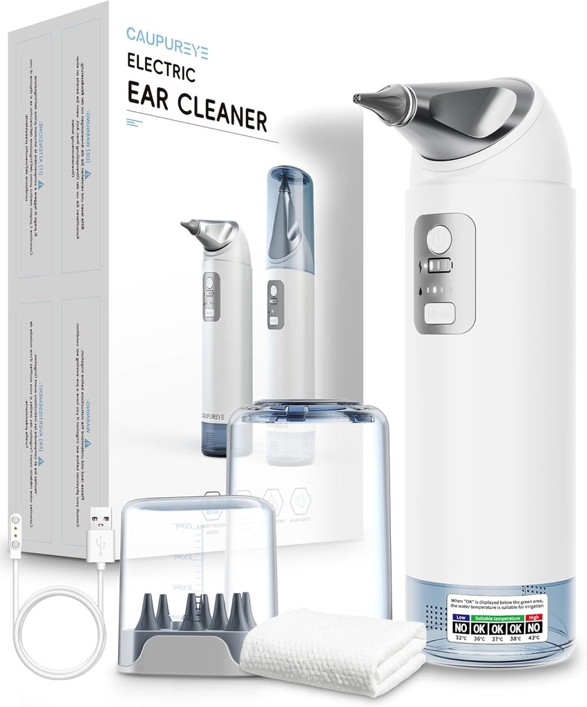 Ear Wax Removal Kit, 360°Electric Ear Cleaner, Ear Cleaning Kit mit 4 Wasserdruckmodi, Earwax Removal Kit für sicheres Ohr Bewässerungssystem mit 8 Bewässerungstipps, Low Noise, IP65 Wasserdicht
