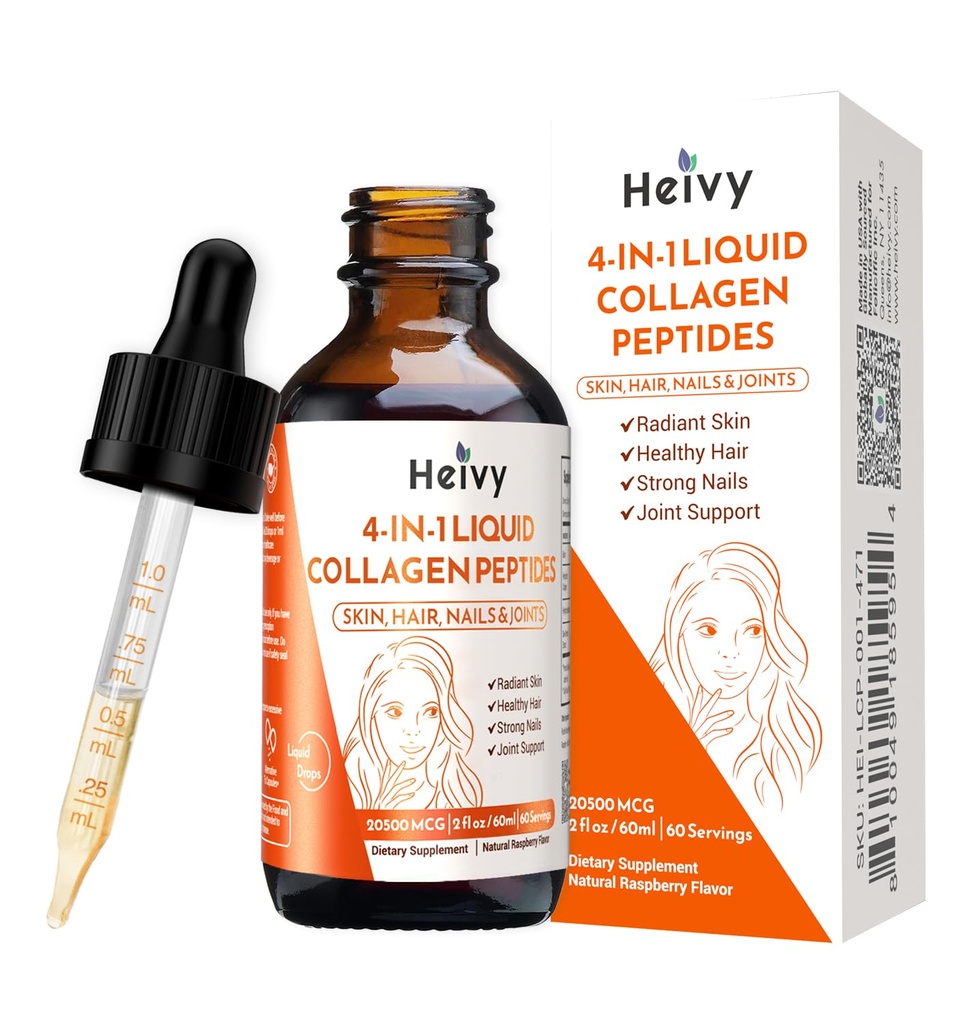 Heivy flüssiges Kollagen für Frauen, flüssiges Biotin & Collagen für Radiant Skin, Haarwachstum, starke Nägel, Joint Support, 20500 mcg 4-in-1 Collagen Drops, Advanced Absorption, Raspberry Flavor- 2 FL OZ