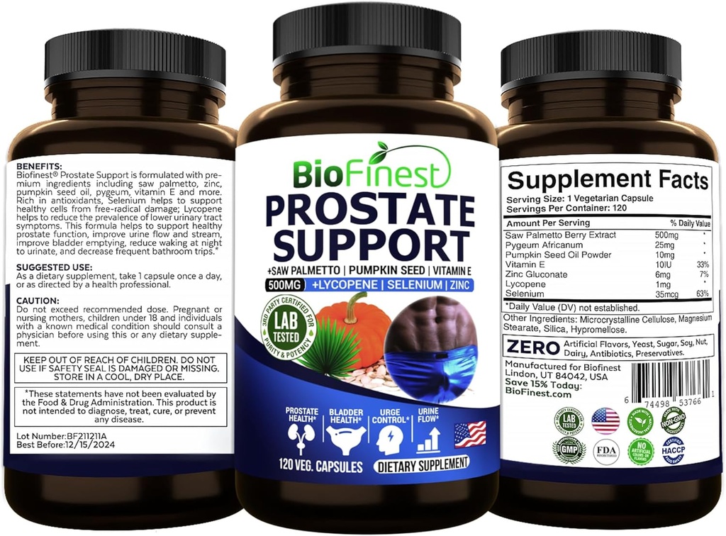 BioFinest Prostata Unterstützung für Männer - Sägen Palmetto Lycopene Kürbis Seed Pygeum Zink Selenium - Gesunde Urin Flow Bladder Prostata Vitamin Supplement - Made in USA (120 Veg. Capsule)
