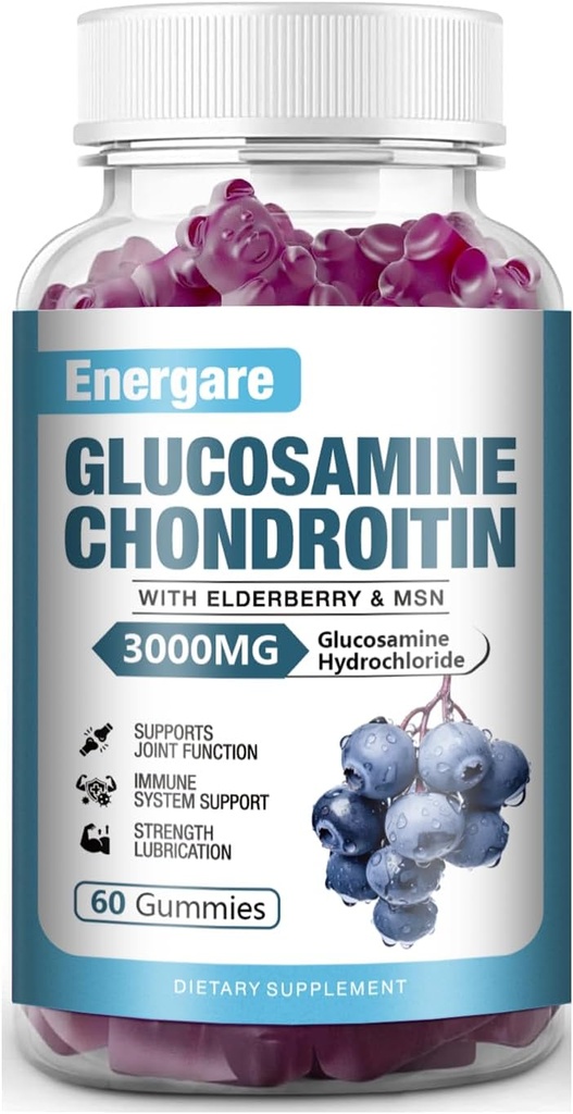 1 Pack 3000mg Glucosamin Chondroitin mit MSM Gummis & Elderberry, Extra Strength Joint Support Gesundheit, Flexibilität, Antioxidans, Immunergänzung Gummy für Erwachsene, Männer & Frauen 60 Zähler