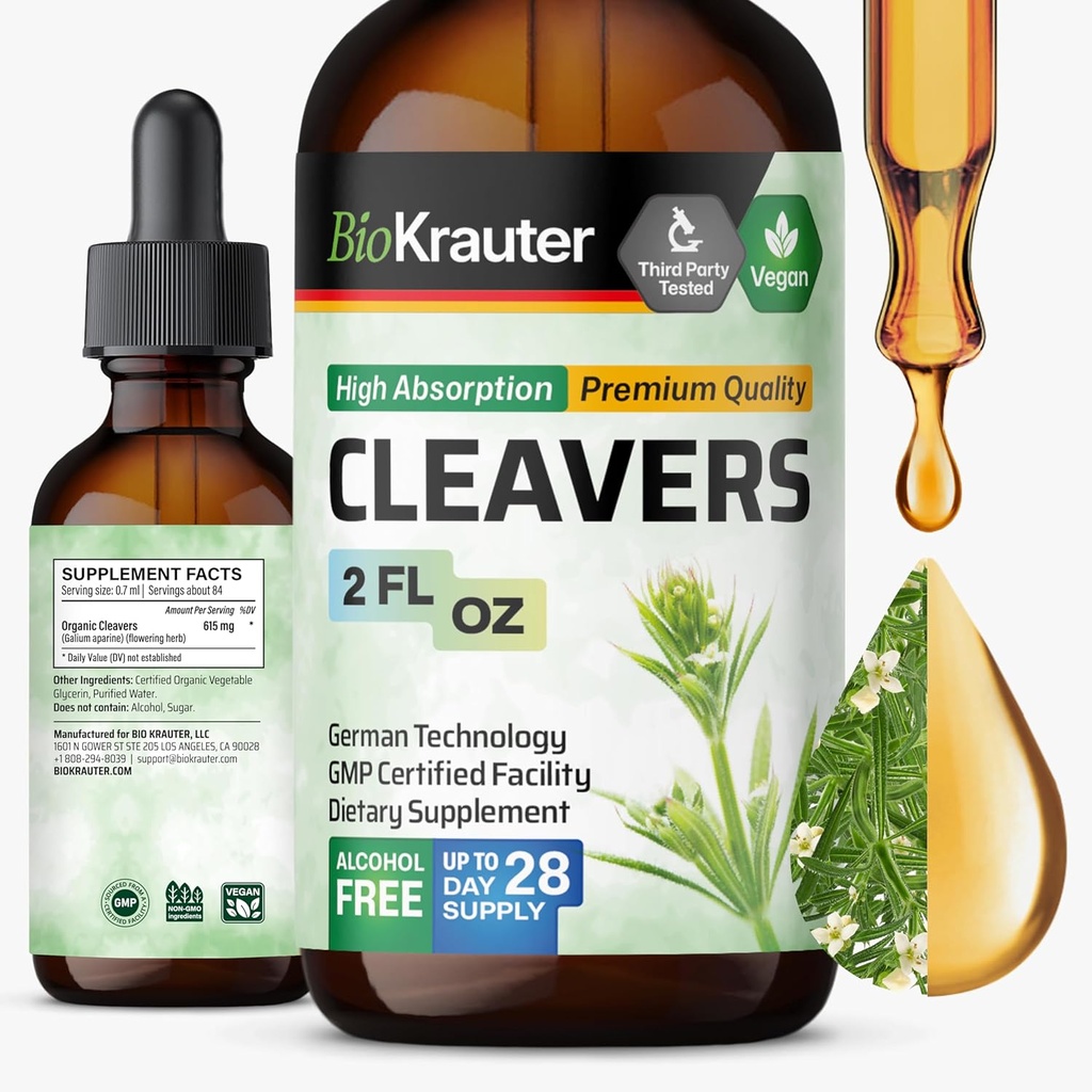 BIO KRAUTER Cleavers Tincture - Cleavers Herb Liquid Extract - Natural Detox - Alkohol und Zuckerfrei - Vegan Extract 2 Fl.Oz.