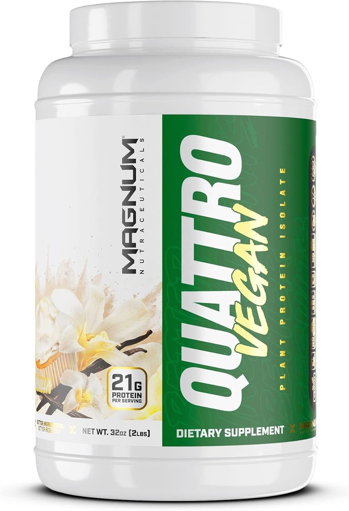 Magnum Nutraceuticals Quattro Vegan Protein Powder, Vanilla 2lb – Isolation de poudre de protéines végétale premium pour la croissance et la récupération musculaires