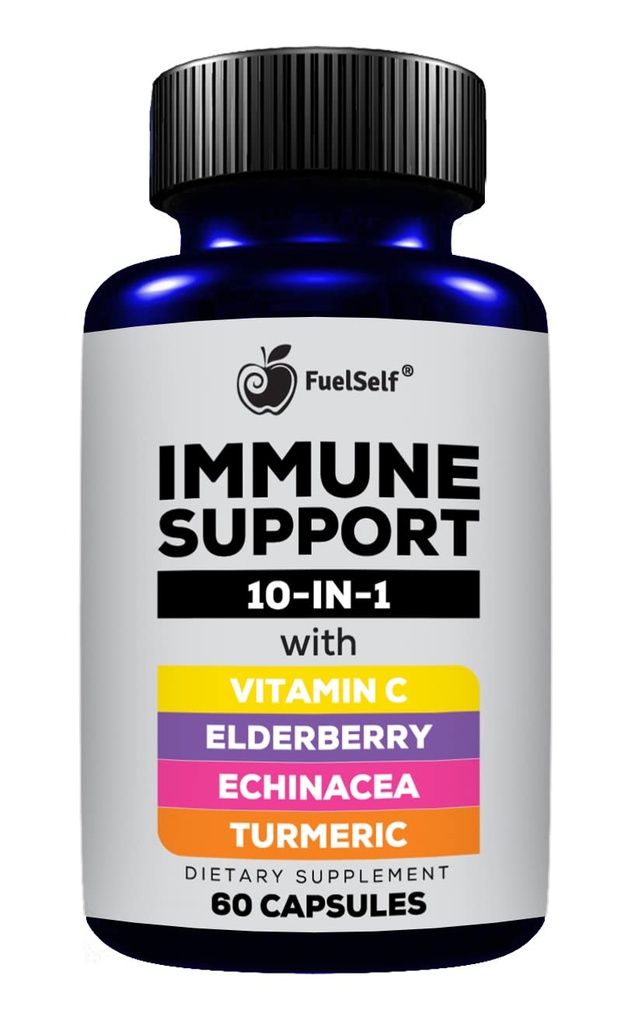 Immununterstützung Booster Ergänzung mit Elderberry, Vitamin C, Echinacea, Kurkuminoide, Vitamin E, Vitamin B6, Zink, L-Glutamin HCL, Knoblauch, Lactobacillus Acidophilus:: 60 Count, 1 Pack