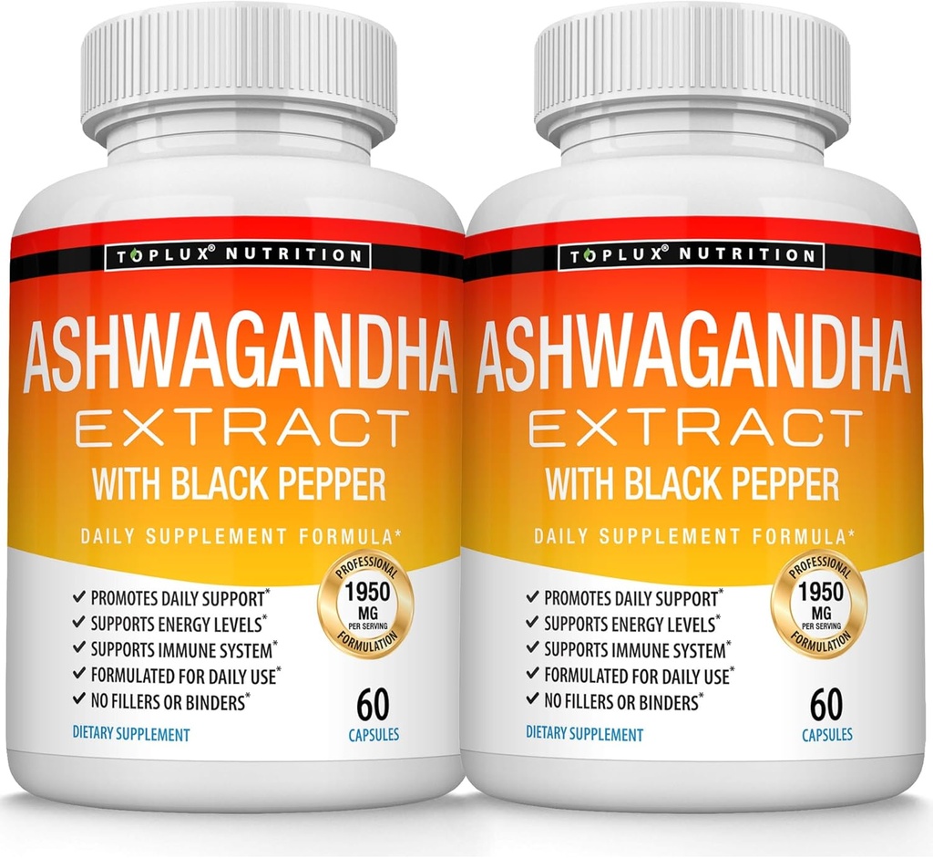 Pilules de poudre de racine d'Ashwagandha bio 1950 Mg avec extrait de poivre noir - Supplément d'Ashwagandha naturel pur, énergie de soutien, pour hommes femmes, 60 capsules