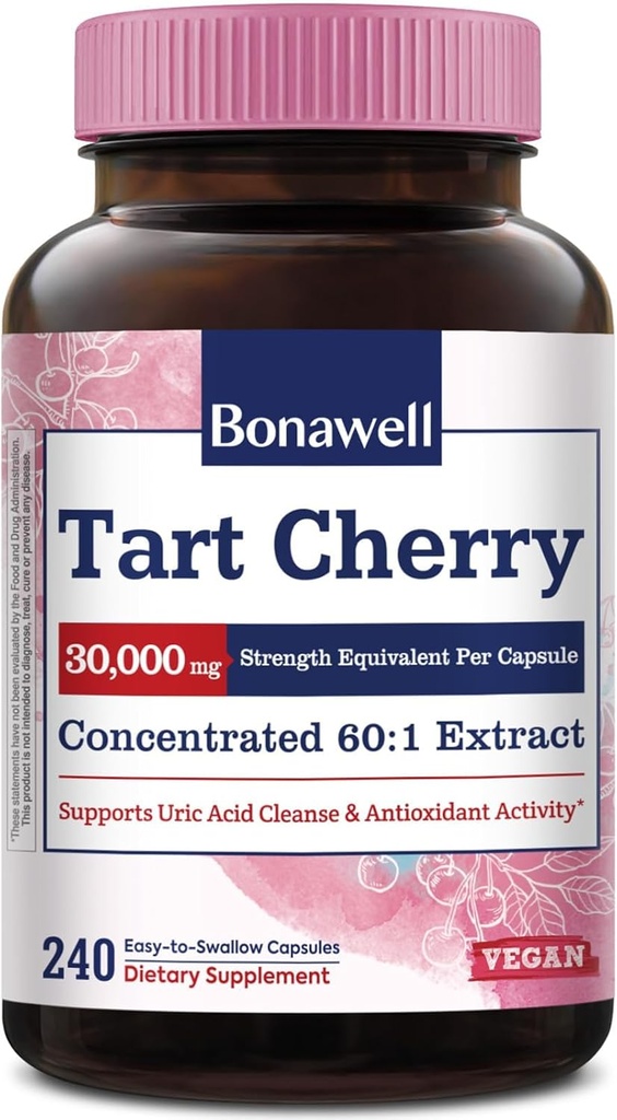 Bonawell Tart Kirsche 60:1 Extrakt, 30000 mg Stärke, Hergestellt aus Montmorency Tart Kirschen, Leistungsstarke Uric Acid Cleanse, 8 Monate Versorgung, 240 Kapseln