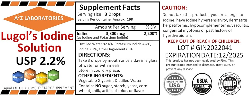 Generisches A2Z Bio Lugols Jod und Kaliumjodid 2.0% Lösung, 1 Fl Oz - Flüssige Ergänzung Tropfen für Schilddrüsenunterstützung, Detox, Metabolismus, Made in USA