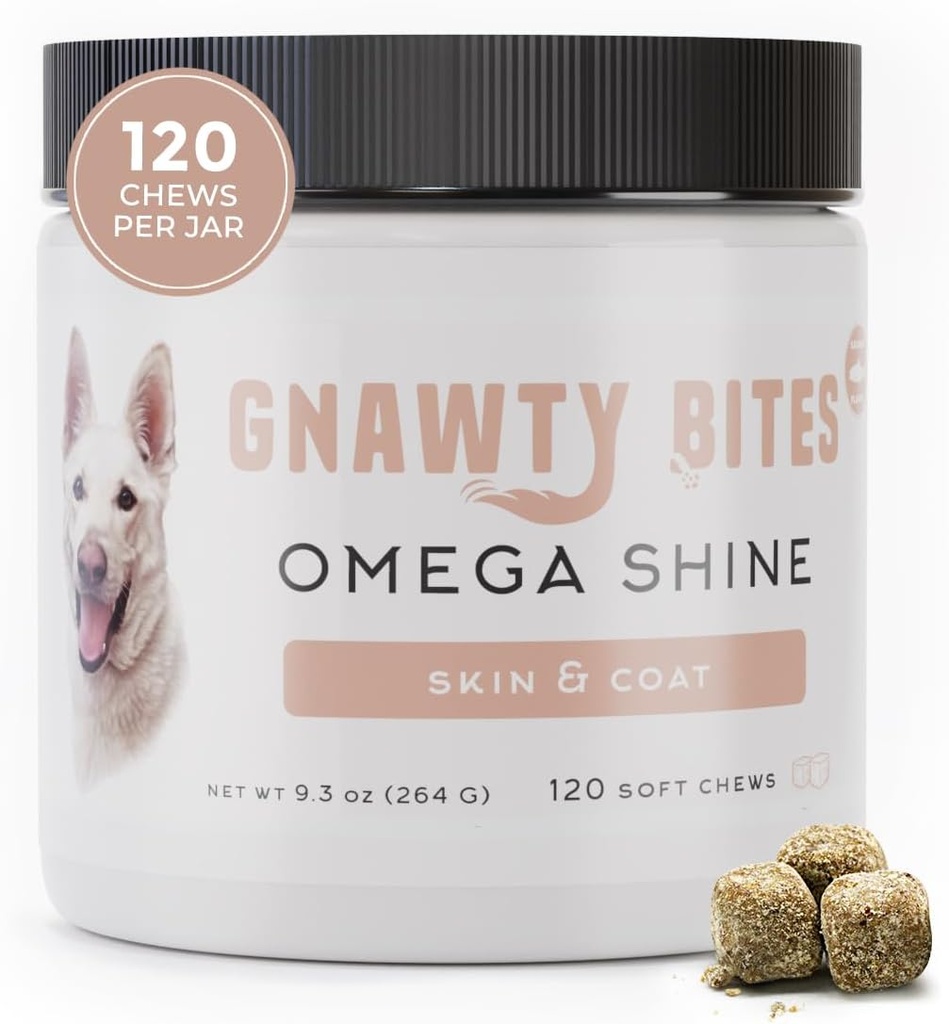 Gnawty Bites Omega Shine | Dog Skin and Coat Supplement für Gesunde & Lustrous Mantel mit Omega 3-6-9 & Fish Oil | Dry, Irritated, & Itchy Skin Relief für Hunde, 120 Soft Chews