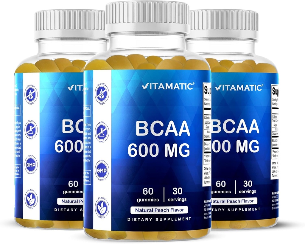 Vitamatic BCAA Gummis - Branch Chain Amino Acid Supplements - Peach Flavor - 600mg pro Servierung - 60 Vegan Pectin Based Gummies (3 Flaschen)