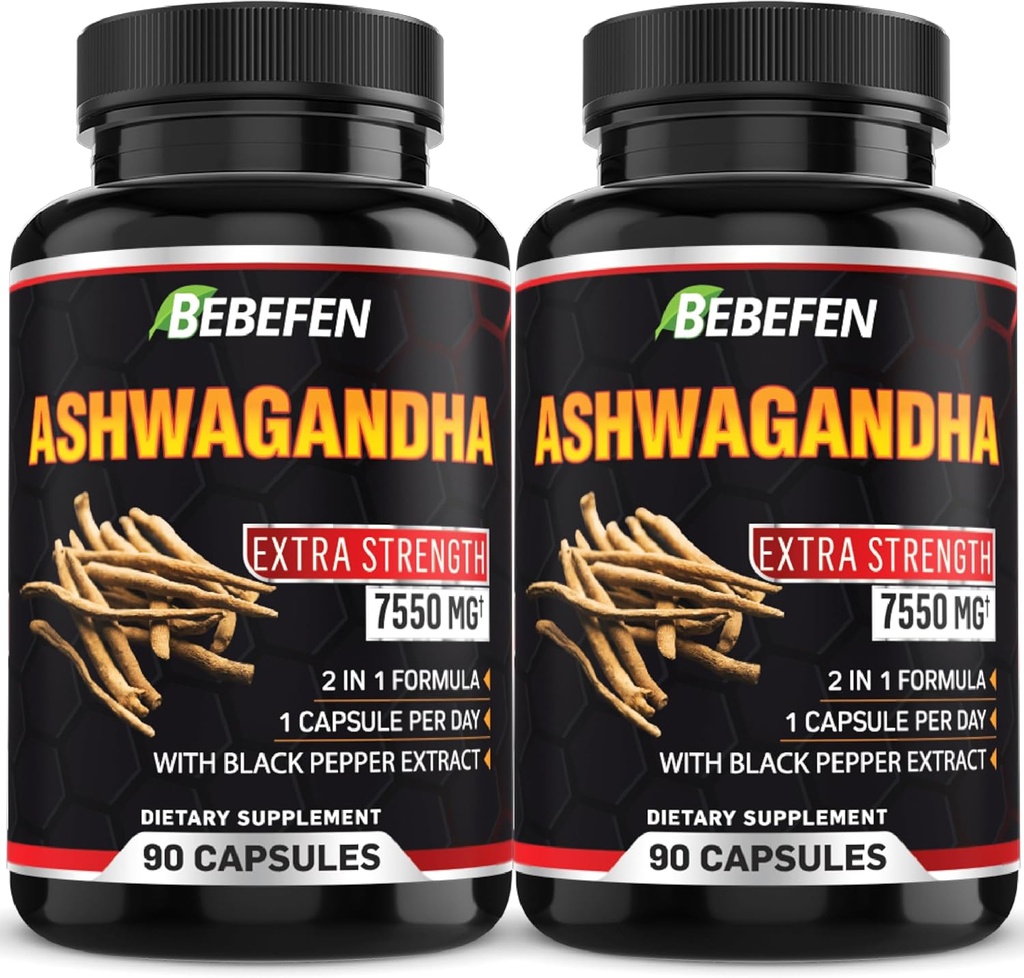 BEBEFEN Ashwagandha Kapseln - 7550mg Formel Pillen mit schwarzem Pfeffer Extrakt - 90 Kapseln Ashwagandha Ergänzung für Energieunterstützung - 3 Monat Versorgung (Pack von 2)