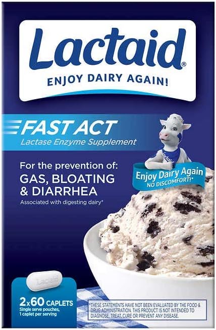 Lactaid Fast Act Lactose Intolerance Caplets, 120 Count Prevention Gas Bloating Diarrhea Größte Masse Größe