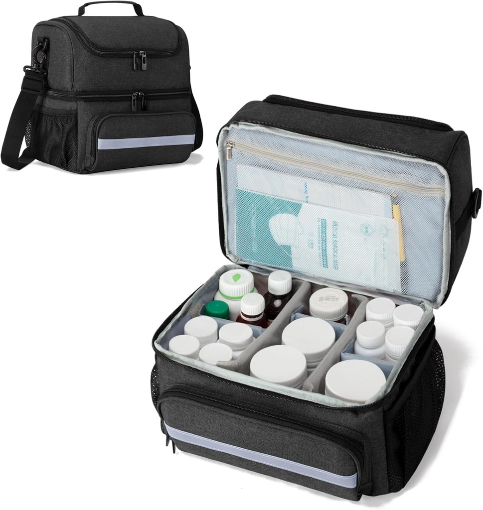CURMIO Medizin Aufbewahrungstasche, Doppelschicht Pillen Flasche Organizer mit Innere Taucher für Medikamente, Vitamine, Rezept Flaschen, medizinische Versorgung, Schwarz (Patent Design)