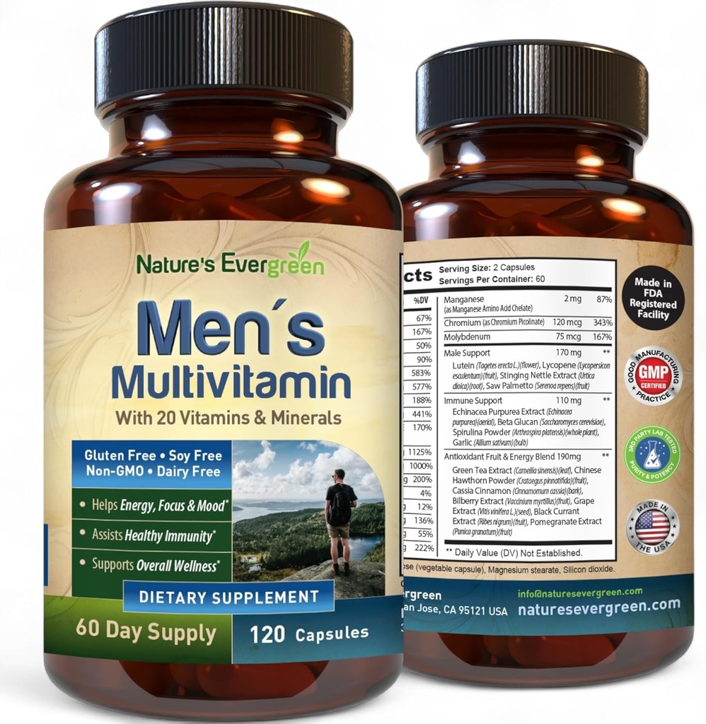 Beste Multivitamin für Männer | Vollständige Multivitamins & Multiminerals mit über 20 Vitaminen A, C, D, E, B12, Zink & More Essential Vitamins für Männer | Energy, Focus & Immune Health. 120 Kapseln