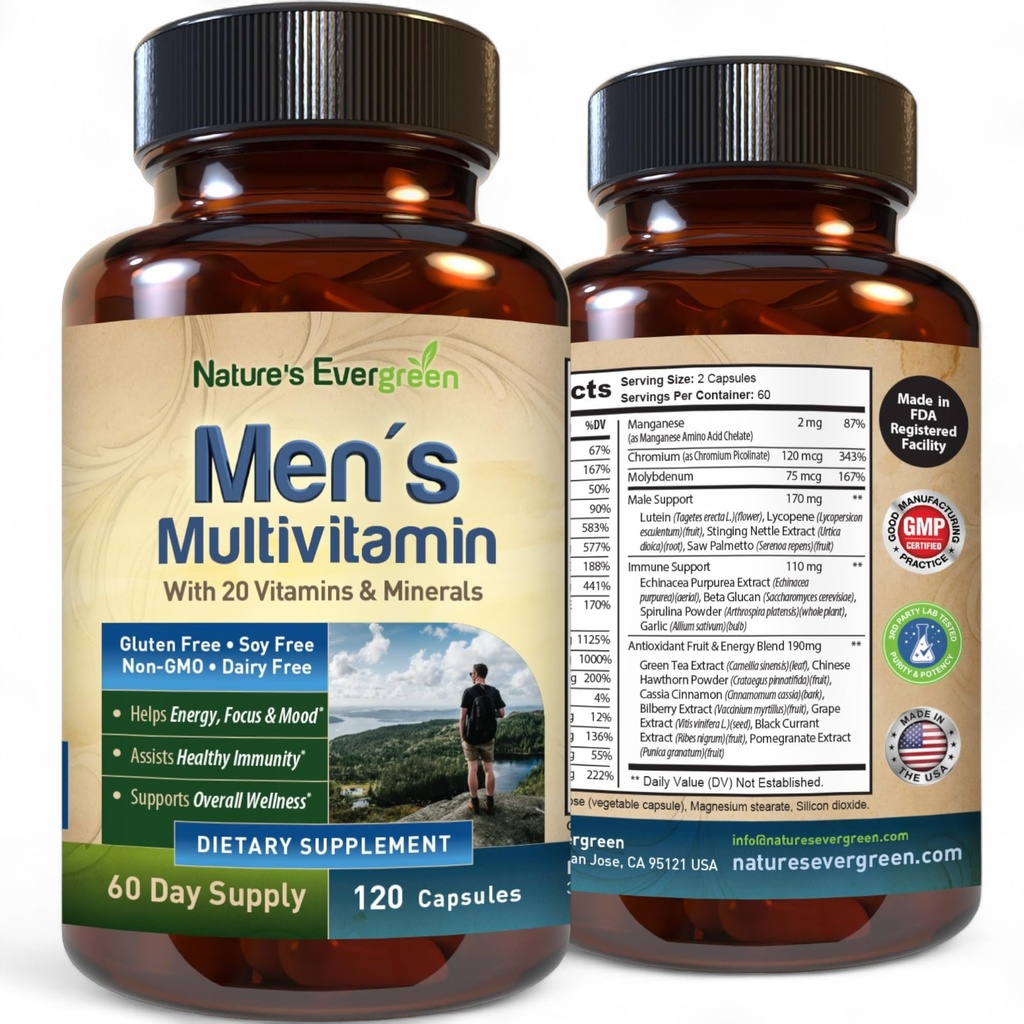 Meilleurs multivitamines pour les hommes Entièrement multivitamines pour les hommes et multiminéraux avec plus de 20 vitamines A, C, D, E, B12, Zinc et plus Vitamines essentielles pour les hommes. 120 gélules