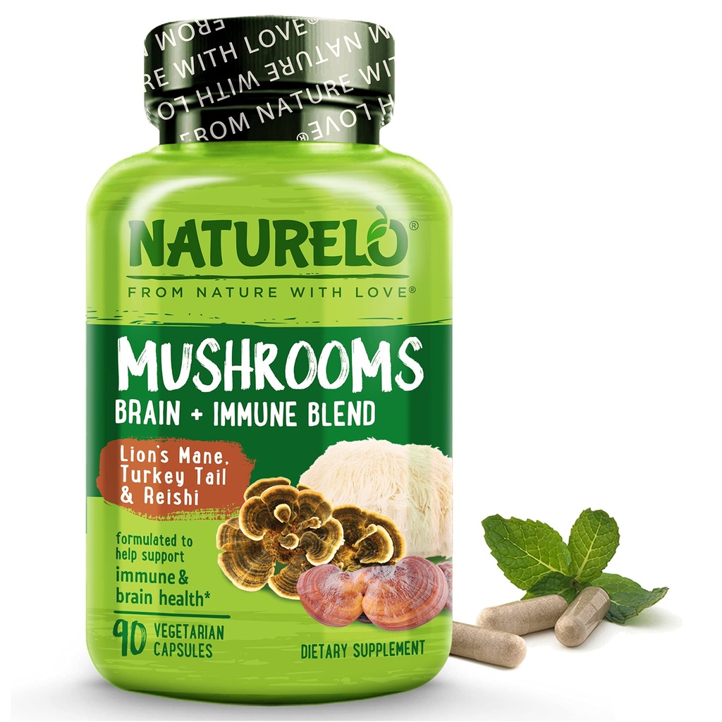 NATURELO Mushroom Supplement Brain & Immune Health Blend mit Lion s Mane, Reishi, Türkei Tail 90 Vegan Friendly Capsules