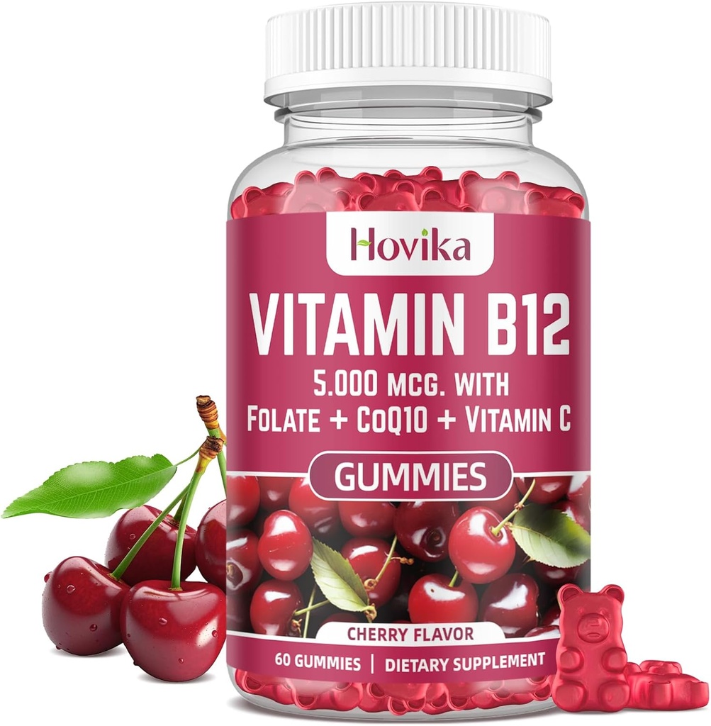 Vitamin B12 Complex 5000 mcg Methyl B12, Adenosyl B12 & Hydroxy B12, mit Coenzym Q10, Folat, Vitamin C, Kaubare B 12 für Energieunterstützung, Stoffwechsel, Knochengesundheit - Kirsche Flavor