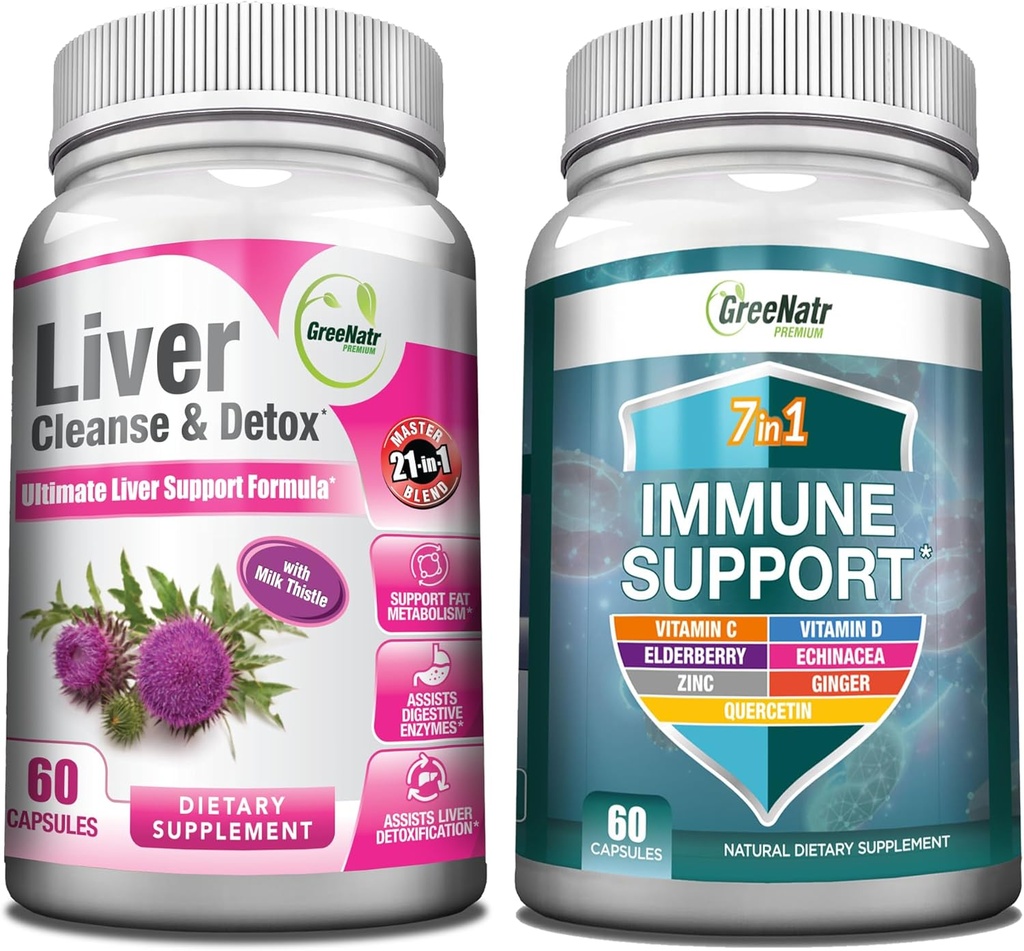 GreeNatr Umfassende Immun- und Lebergesundheitsunterstützung Blend - 7-in-1 Immununterstützungsergänzung mit Vitamin C, Vitamin D3, Zink und Leberreiniger Detox & Repair Formula