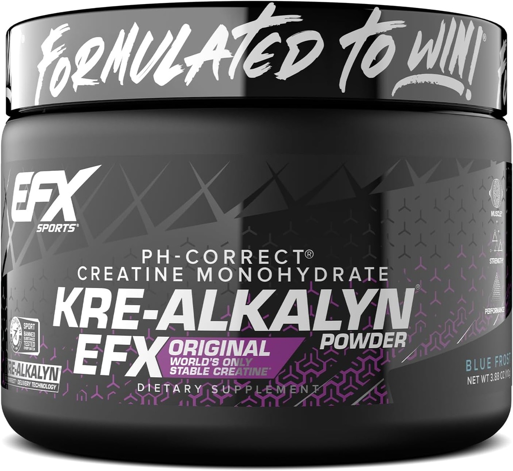 EFX Sports Kre-Alkalyn EFX Pulver | pH-gerecht Kreatin Monohydrat-Pulver-Ergänzung | Stärke, Muskelwachstum & Leistung | 55 Portionen (Blauer Frost)