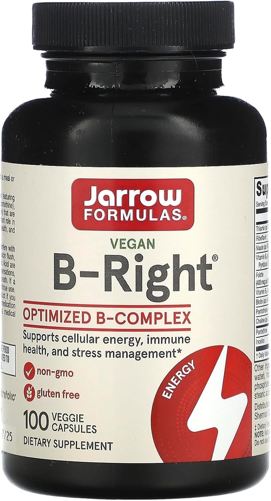 Formules B-Droite - Formule complexe de vitamine B à faible teneur en or - Soutien énergétique et métabolique - Promotion de la santé cérébrale, cardiaque et cardiovasculaire - 100 portions (paquet de 1)