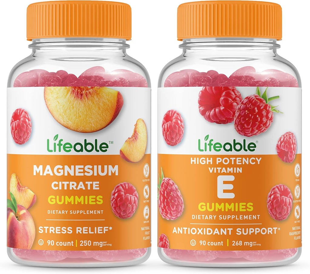 Magnésium Lifeable 85mg + Vitamine E, Gummies Bundle - Grande dégustation, supplément de vitamine, sans gluten, sans OGM, Gummy à croquer