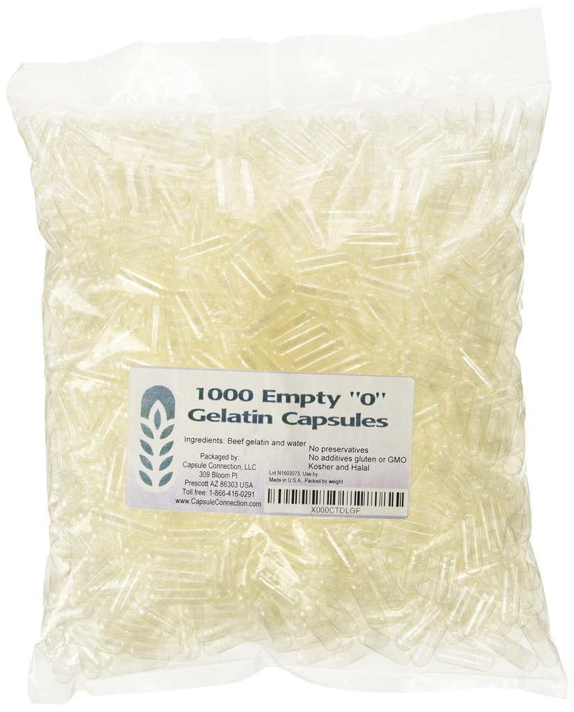 Capsule Connection 1000 Bulk "0" Capsules de gélatine vide, faites aux États-Unis, sac refermable