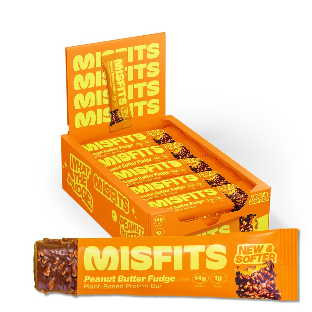 Misfits Vegan Protein Bars, Peanut Butter Fudge - Aktualisierte Rezept | Pflanzenbasiert, Low Sugar & Carb, High Fiber Snacks | Paket von 15