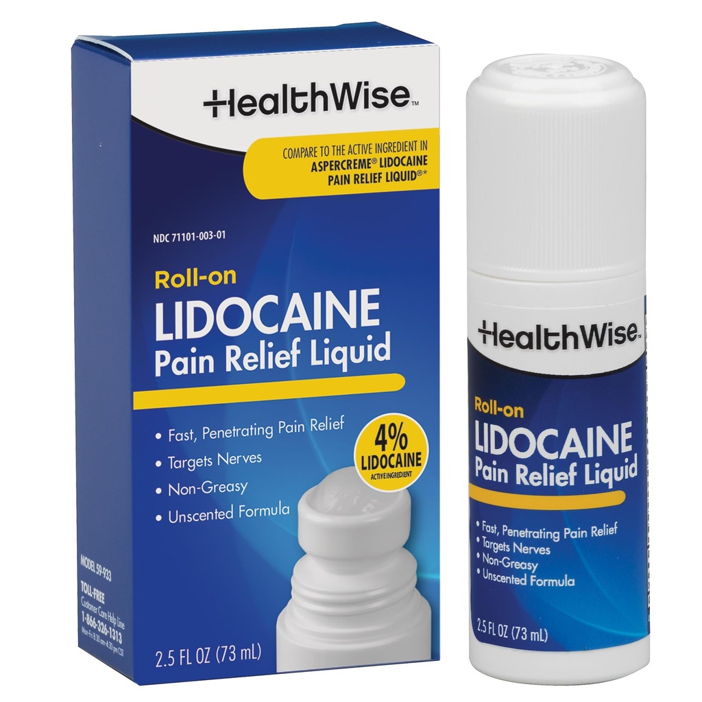 HealthWise 4% Lidocaine Roll-On | OTC Stärke | Schmerzlinderung Flüssigkeit | 2,5 oz. 73 mL | Non-Greasy, Unscented Formula | Topical Anesthetic