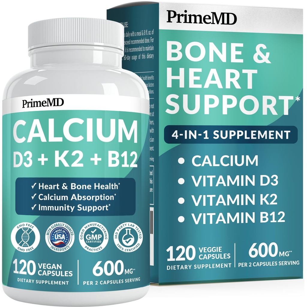 4-in-1 Kalziumergänzungsmittel für Damen und Herren - Kalzium mit Vitamin D3 K2 5000 IU Supplement, 601mg pro Servierung - Glutenfrei, Vegan-Friendly (120 ct)