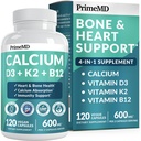 4-in-1 Kalziumergänzungsmittel für Damen und Herren - Kalzium mit Vitamin D3 K2 5000 IU Supplement, 601mg pro Servierung - Glutenfrei, Vegan-Friendly (120 ct)