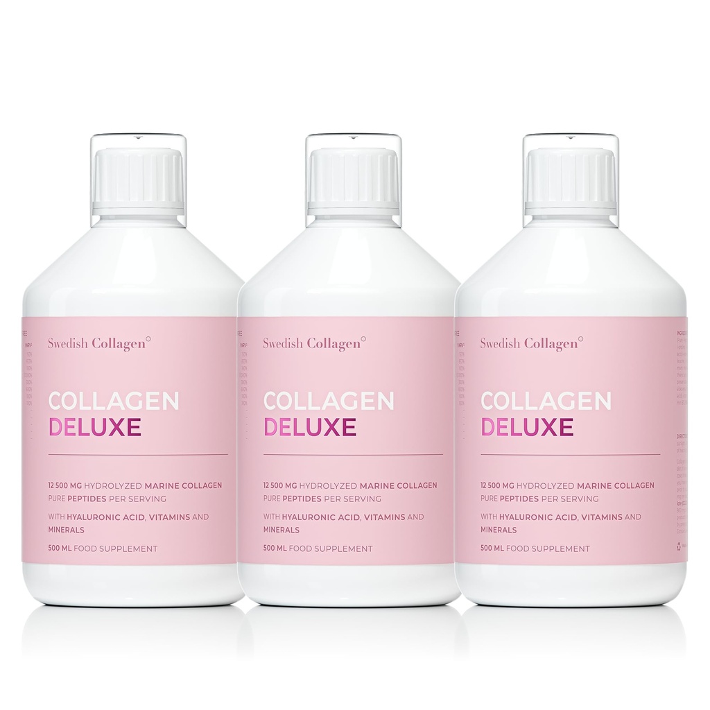 Collagène Deluxe 500ml x 3 I 8 semaines Ensemble I 12500 mg Collagène marin (type I et III) I Acide hyaluronique, biotine, vitamine C I Sans sucre - 8 semaines