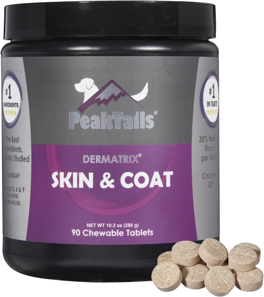 Kala Health PeakTails Skin & Coat Unterstützung für Hunde – 90 Kautabletten mit MSM, Fish Oil, Omega-3 & Omega-6 – Unterstützt gesunde Haut, Shiny Coat