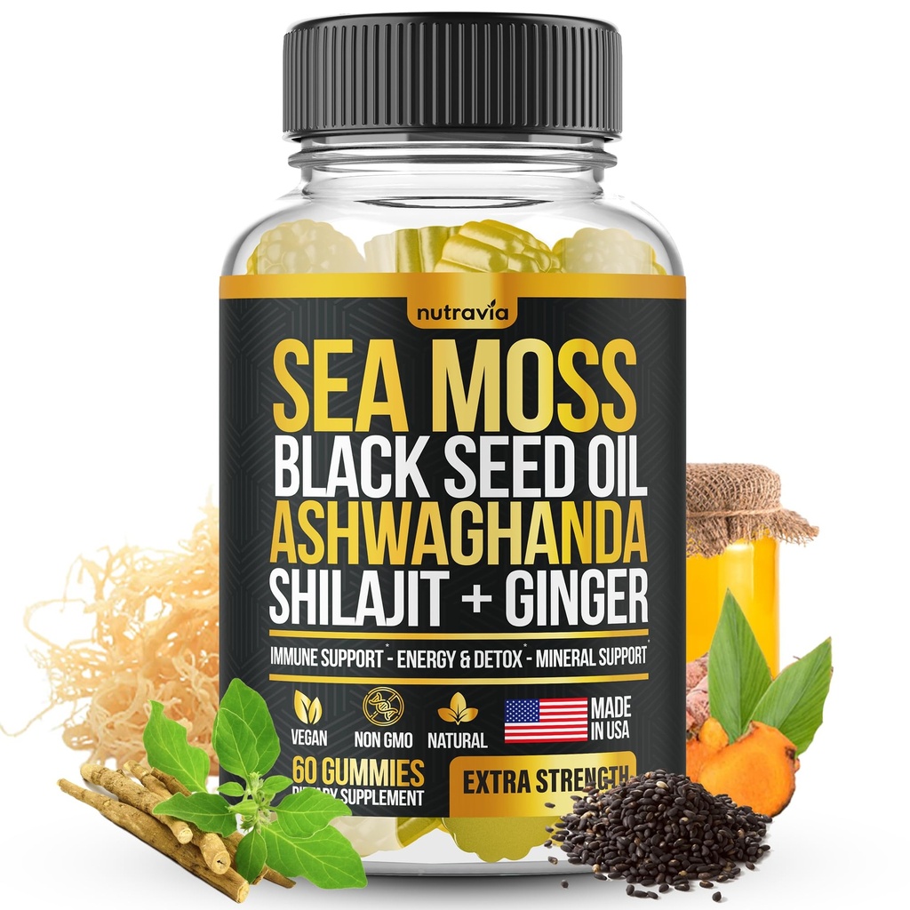 Sea Moss, Black Seed Oil, Ashwagandha, Ginger, Shilajit Gummies mit Elderberry, Chlorophyll, Turmeric Bladderwrack Sea Moss Gummis Advanced Strength Formula - All in 1 Bundle - USA Made (60 Gummies)