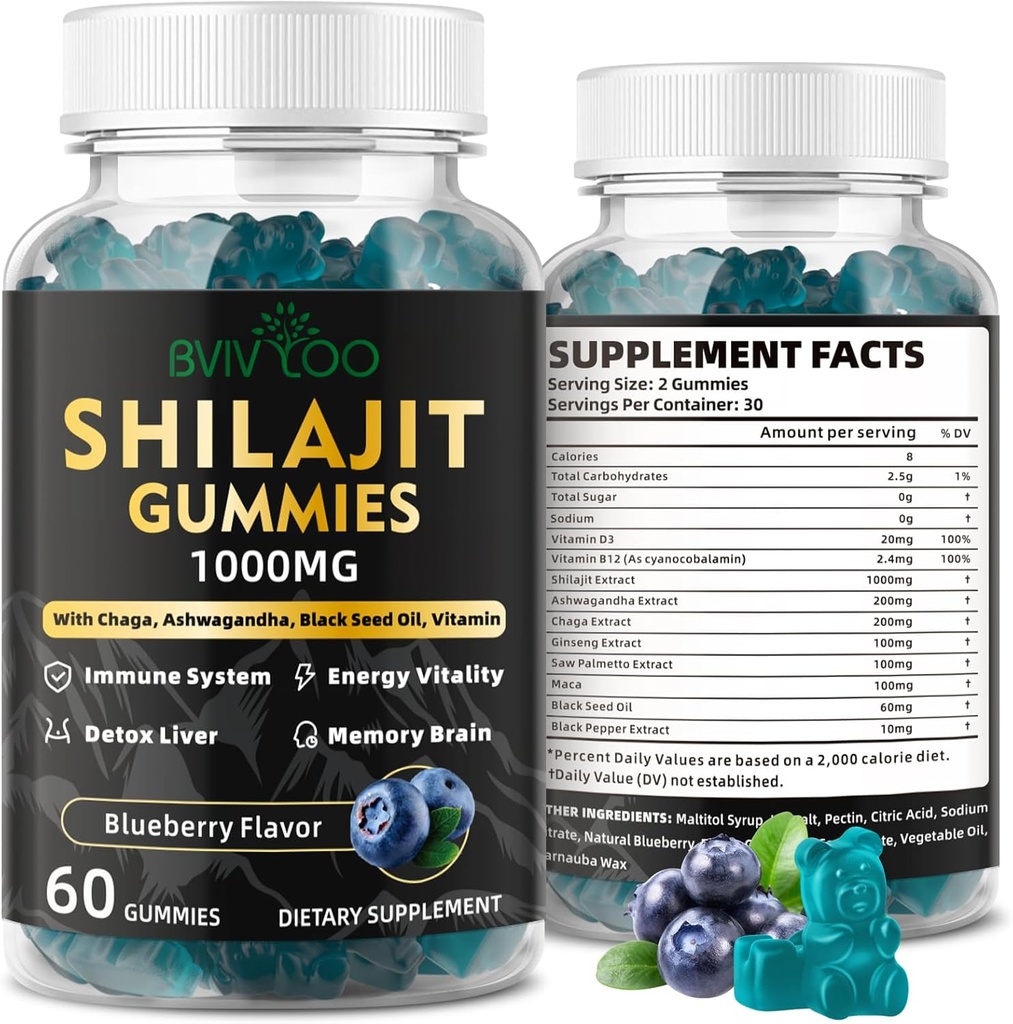 Shilajit Gummies für Männer und Frauen - Zuckerfreie Shilajit Ergänzung Reich an 85+ Trace Minerals & Fulvic Acid, Bereitstellung von Energie, Gehirn und Immunität Unterstützung - 60 Gummis