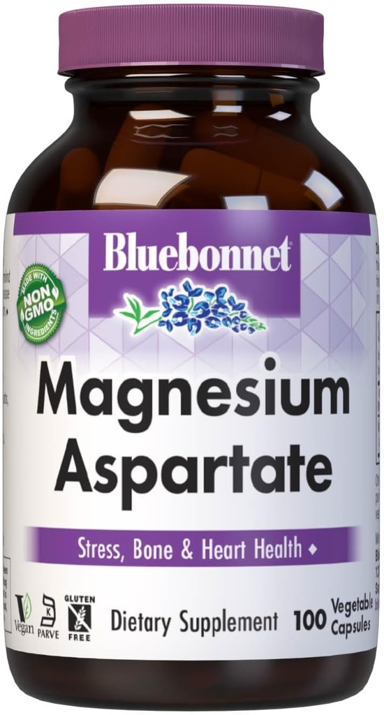 Bluebonnet Nutrition Aspartate de magnésium, anti-stress*, santé osseuse*, santé cardiaque*, non OGM, végétalien, kosher certifié, sans gluten, sans soja, sans lait, 100 capsules végétales, 50 portions